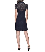 KARL LAGERFELD PARIS Lace Point Collar Neck Short Sleeve Button Front Shirt Mini Dress