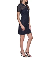 KARL LAGERFELD PARIS Lace Point Collar Neck Short Sleeve Button Front Shirt Mini Dress