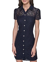 KARL LAGERFELD PARIS Lace Point Collar Neck Short Sleeve Button Front Shirt Mini Dress