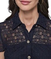 KARL LAGERFELD PARIS Lace Point Collar Neck Short Sleeve Button Front Shirt Mini Dress
