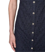 KARL LAGERFELD PARIS Lace Point Collar Neck Short Sleeve Button Front Shirt Mini Dress
