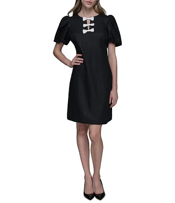 KARL LAGERFELD PARIS Linen Blend Crew Neck Short Sleeve Bow Sheath Mini Dress