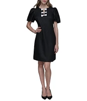 KARL LAGERFELD PARIS Linen Blend Crew Neck Short Sleeve Bow Sheath Mini Dress