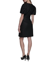 KARL LAGERFELD PARIS Linen Blend Crew Neck Short Sleeve Bow Sheath Mini Dress
