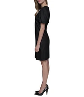 KARL LAGERFELD PARIS Linen Blend Crew Neck Short Sleeve Bow Sheath Mini Dress