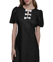 KARL LAGERFELD PARIS Linen Blend Crew Neck Short Sleeve Bow Sheath Mini Dress