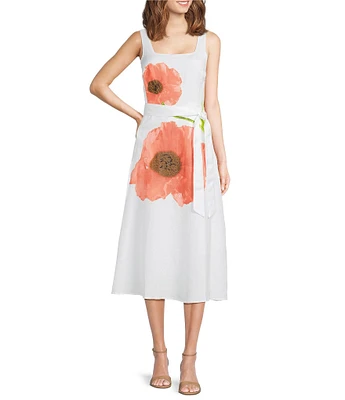 KARL LAGERFELD PARIS Linen Blend Floral Print Square Neck Sleeveless A-Line Dress