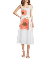 KARL LAGERFELD PARIS Linen Blend Floral Print Square Neck Sleeveless A-Line Dress