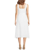 KARL LAGERFELD PARIS Linen Blend Floral Print Square Neck Sleeveless A-Line Dress