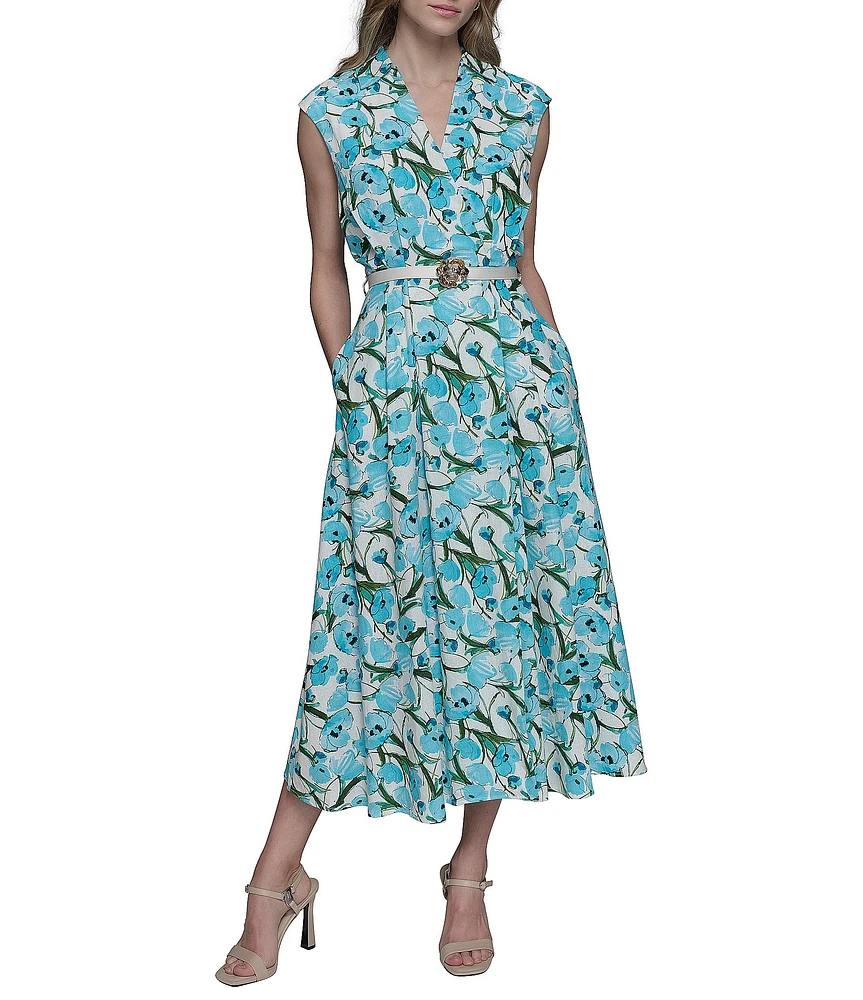 KARL LAGERFELD PARIS Linen Blend Floral Print V Neck Cap Sleeve Belted Blouson Midi Dress