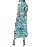 KARL LAGERFELD PARIS Linen Blend Floral Print V Neck Cap Sleeve Belted Blouson Midi Dress