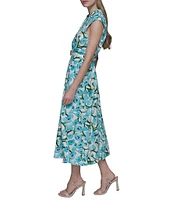 KARL LAGERFELD PARIS Linen Blend Floral Print V Neck Cap Sleeve Belted Blouson Midi Dress