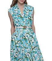 KARL LAGERFELD PARIS Linen Blend Floral Print V Neck Cap Sleeve Belted Blouson Midi Dress