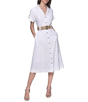KARL LAGERFELD PARIS Linen-Blend Notch Collar Neck Short Sleeve Belted Button Front Shirt Midi Dress