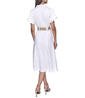 KARL LAGERFELD PARIS Linen-Blend Notch Collar Neck Short Sleeve Belted Button Front Shirt Midi Dress