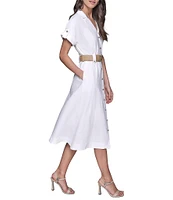 KARL LAGERFELD PARIS Linen-Blend Notch Collar Neck Short Sleeve Belted Button Front Shirt Midi Dress