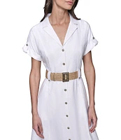 KARL LAGERFELD PARIS Linen-Blend Notch Collar Neck Short Sleeve Belted Button Front Shirt Midi Dress