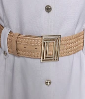 KARL LAGERFELD PARIS Linen-Blend Notch Collar Neck Short Sleeve Belted Button Front Shirt Midi Dress