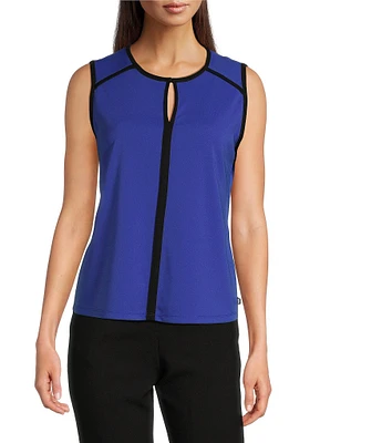 KARL LAGERFELD PARIS Matte Jersey Contrast Pipe Trim Keyhole Crew Neck Sleeveless Blouse