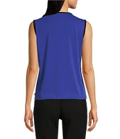 KARL LAGERFELD PARIS Matte Jersey Contrast Pipe Trim Keyhole Crew Neck Sleeveless Blouse