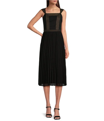 KARL LAGERFELD PARIS Matte Jersey Silky Crepe Square Neck Sleeveless Pleated Midi Dress