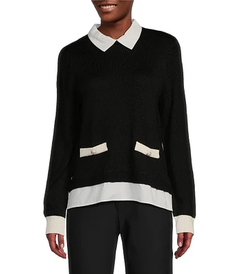 KARL LAGERFELD PARIS Merino Collared Shirt Pullover Sweater Colorblock Twofer