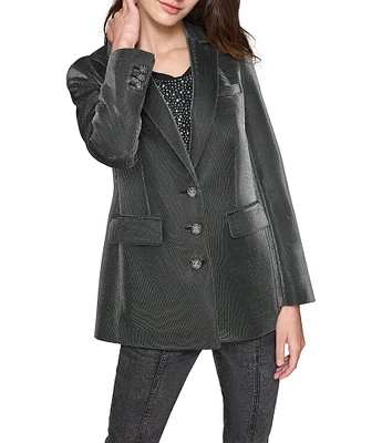 KARL LAGERFELD PARIS Metallic Gunmetal Notch Lapel Long Sleeve Embellished 3-Button Blazer