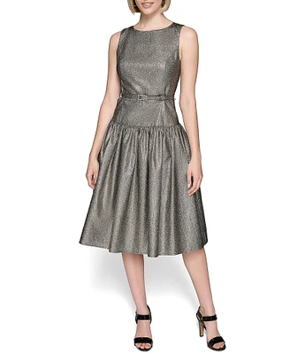 KARL LAGERFELD PARIS Metallic Jacquard Round Neck Sleeveless Belted Drop Waist Dress