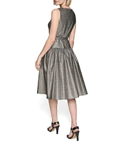 KARL LAGERFELD PARIS Metallic Jacquard Round Neck Sleeveless Belted Drop Waist Dress