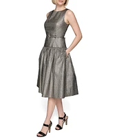 KARL LAGERFELD PARIS Metallic Jacquard Round Neck Sleeveless Belted Drop Waist Dress