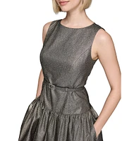 KARL LAGERFELD PARIS Metallic Jacquard Round Neck Sleeveless Belted Drop Waist Dress