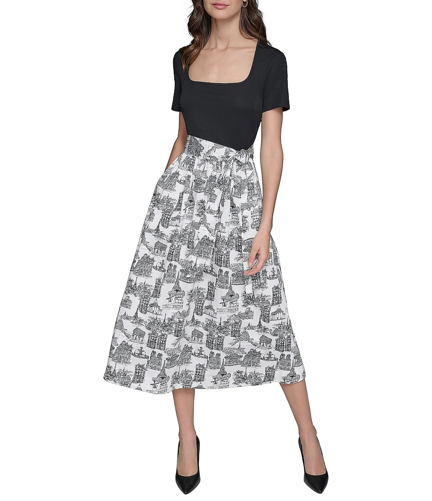 KARL LAGERFELD PARIS Mix Media Printed Square Neck Short Sleeve Waist Tie A-Line Midi Dress