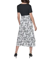 KARL LAGERFELD PARIS Mix Media Printed Square Neck Short Sleeve Waist Tie A-Line Midi Dress