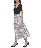 KARL LAGERFELD PARIS Mix Media Printed Square Neck Short Sleeve Waist Tie A-Line Midi Dress