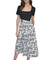 KARL LAGERFELD PARIS Mix Media Printed Square Neck Short Sleeve Waist Tie A-Line Midi Dress