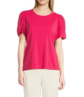 KARL LAGERFELD PARIS Mixed Media Crew Neck Short Puff Sleeve Embellished Top