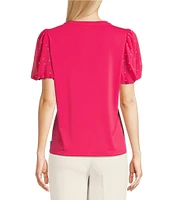 KARL LAGERFELD PARIS Mixed Media Crew Neck Short Puff Sleeve Embellished Top