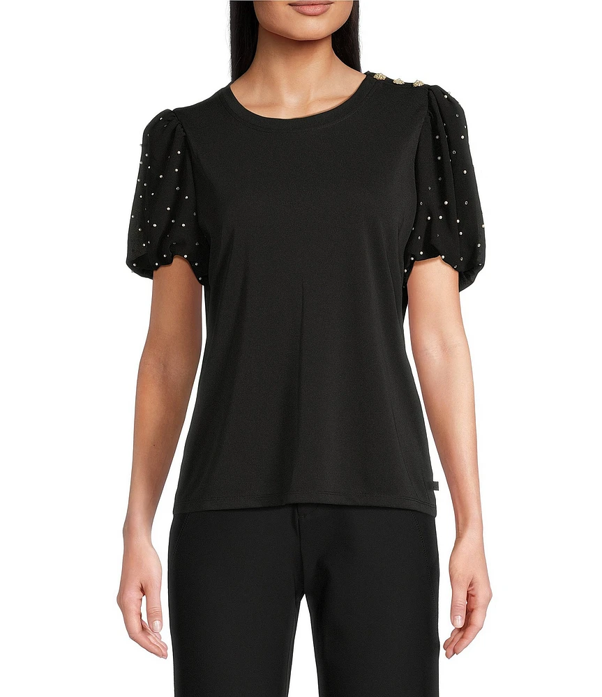KARL LAGERFELD PARIS Mixed Media Crew Neck Short Puff Sleeve Embellished Top