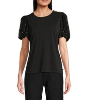 KARL LAGERFELD PARIS Mixed Media Crew Neck Short Puff Sleeve Embellished Top