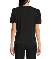 KARL LAGERFELD PARIS Mixed Media Crew Neck Short Puff Sleeve Embellished Top