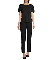 KARL LAGERFELD PARIS Mixed Media Crew Neck Short Puff Sleeve Embellished Top