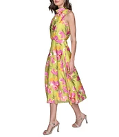 KARL LAGERFELD PARIS Mock Neck Floral Burnout A-Line Midi Dress