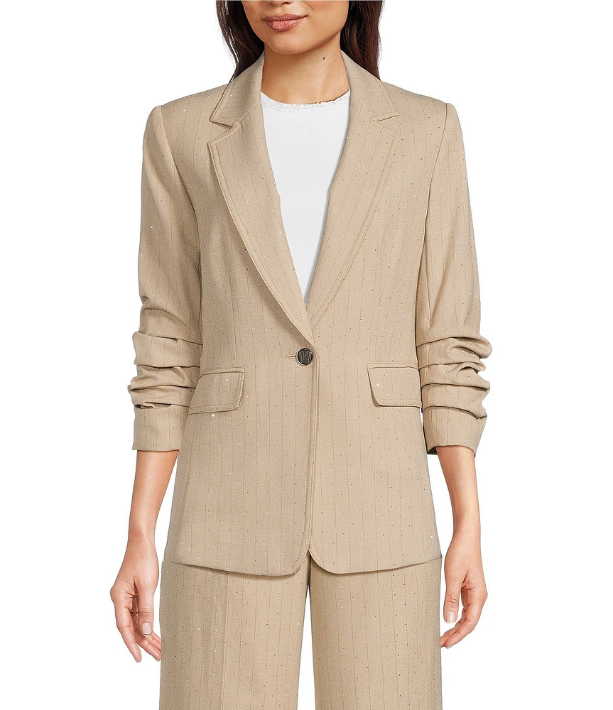 KARL LAGERFELD PARIS Notch Collar 3/4 Sleeve Rhinestone Studded Embellished Pinstripe Coordinating Blazer