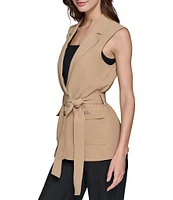 KARL LAGERFELD PARIS Notch Collar Sleeveless Belted Vest Jacket