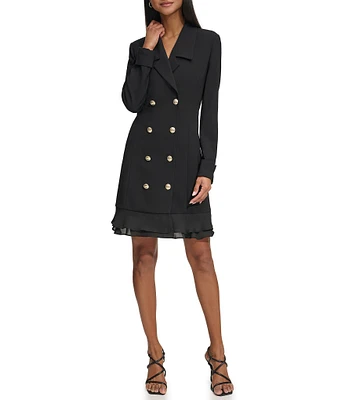 KARL LAGERFELD PARIS Notch Lapel Collar Long Sleeve Chiffon Flounce Hem Mini Blazer Dress