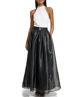 KARL LAGERFELD PARIS Organza Colorblock Halter Neck Sleeveless Embellished Belted Gown