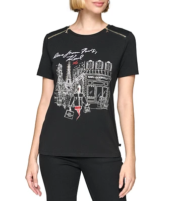 KARL LAGERFELD PARIS Paris Sketch Artwork Zipper Shoulder Crew Neck Short Sleeve Tee Shirt