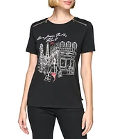 KARL LAGERFELD PARIS Paris Sketch Artwork Zipper Shoulder Crew Neck Short Sleeve Tee Shirt