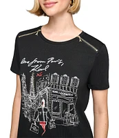 KARL LAGERFELD PARIS Paris Sketch Artwork Zipper Shoulder Crew Neck Short Sleeve Tee Shirt