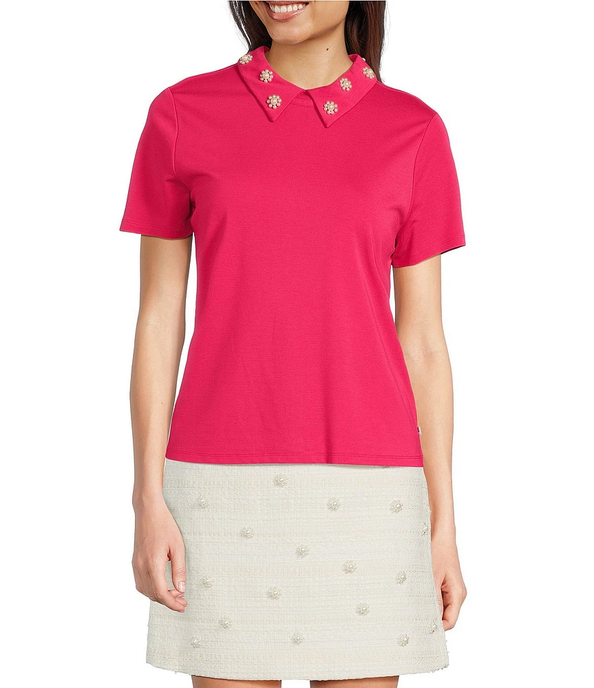 KARL LAGERFELD PARIS Pearl Flower Embellished Point Collar Short Sleeve Polo